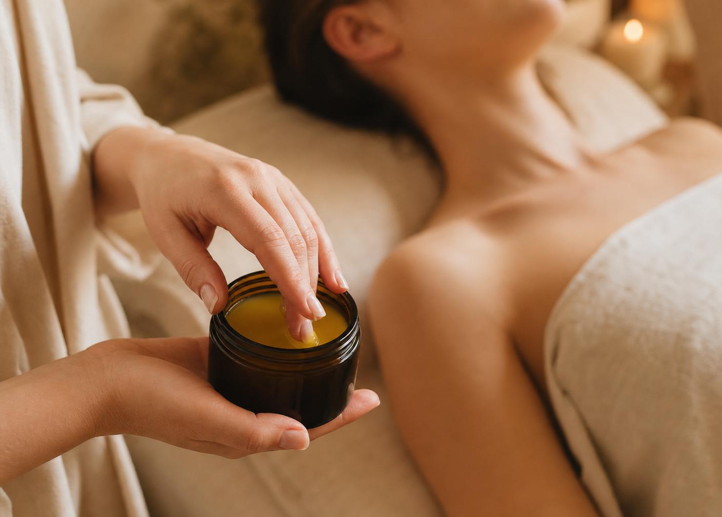 A hand reaching into a jar of Myo Glide beside a client resting on a treatment table